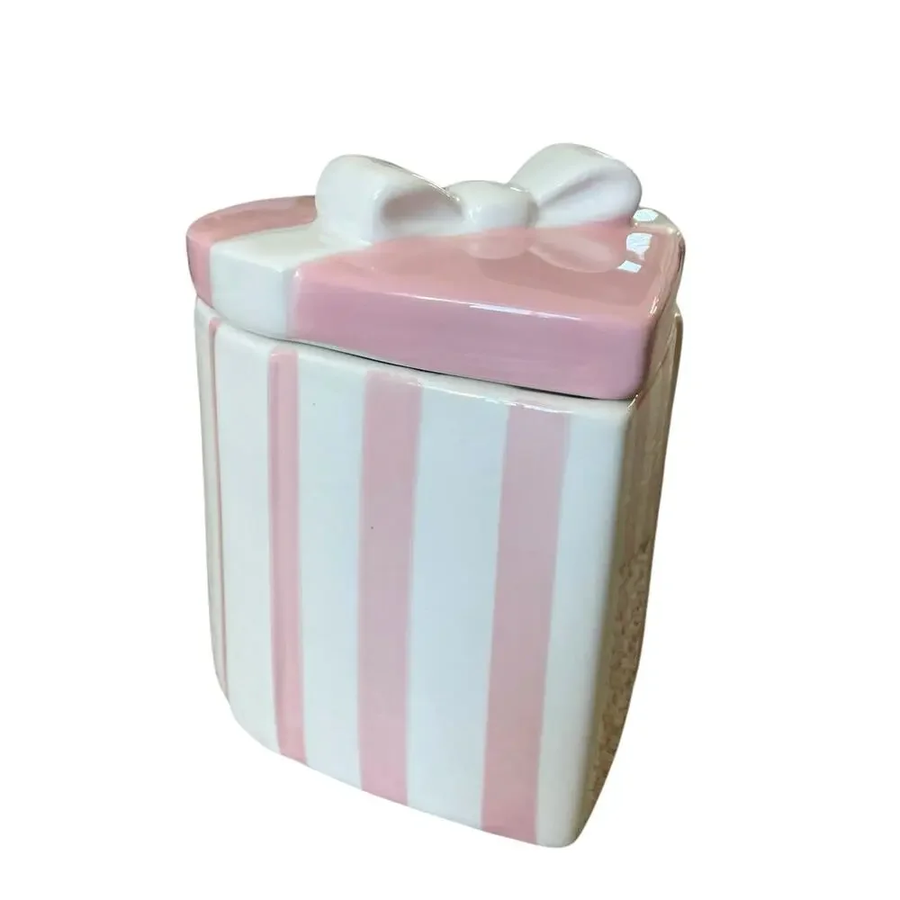 Lang Hand Painted Pink & White Heart Shaped Canister Jar with Bow Lid New